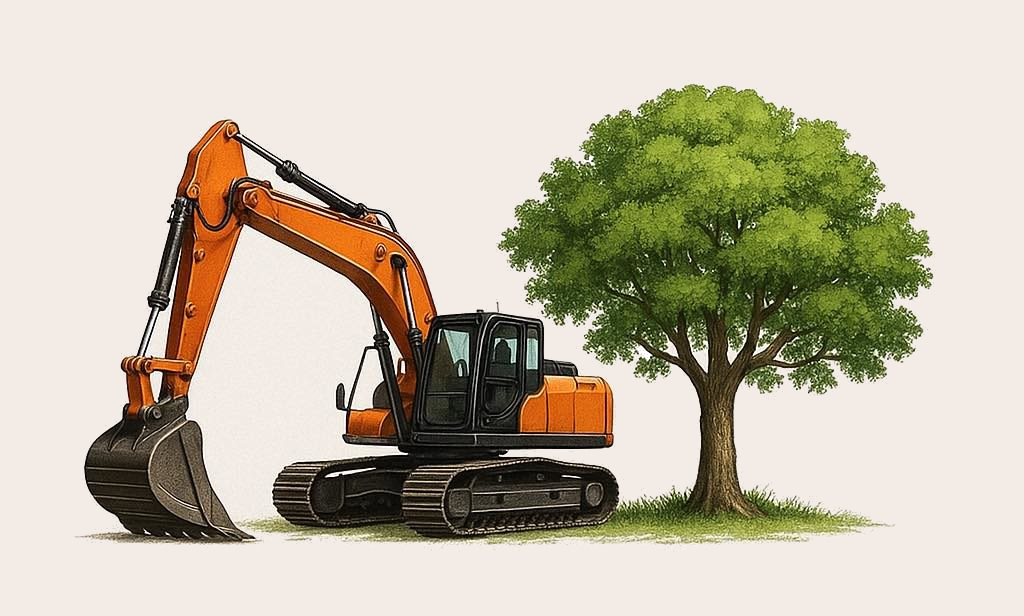 Illustration du site Lauragais TP, représentant une pelle mécanique à côté d'un arbre.